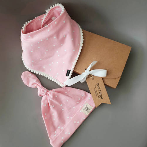 Petit Filippe geschenkset muts + bandana stip roze 3-6 mnd