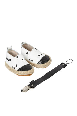 geschenkset met leren espadrilles + speenkoord wit/zwart
