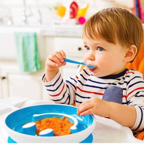 Munchkin Smile 'N Scoop bord + lepel blauw Geel | Bord van