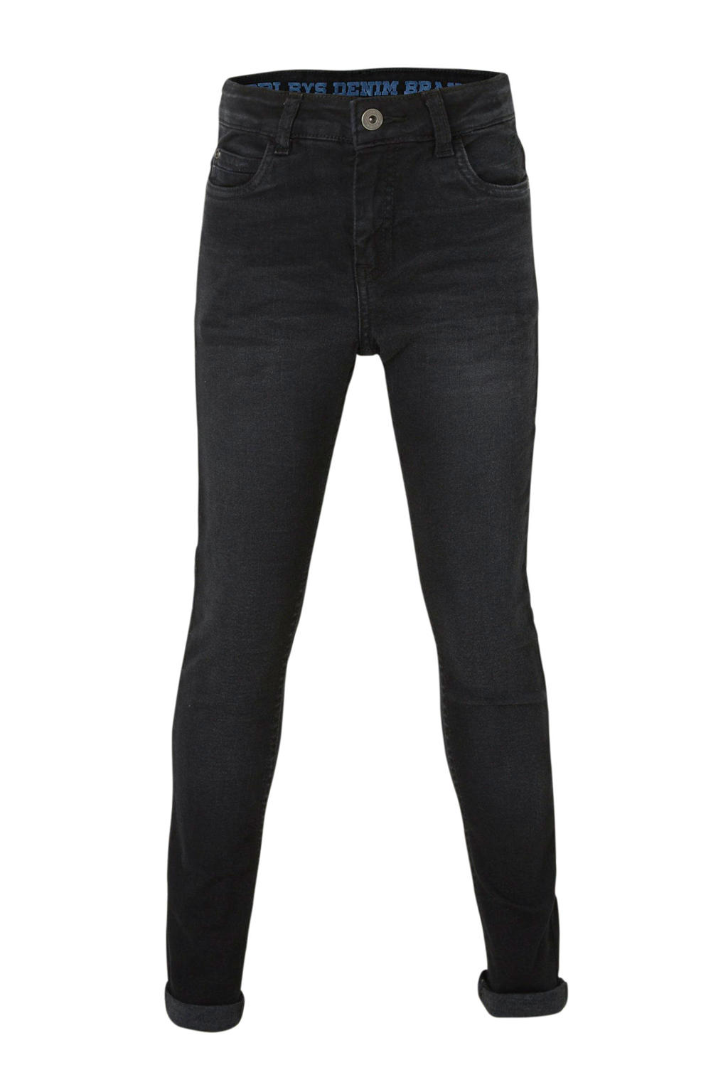 Zwarte jongens Quapi regular fit jeans Qjake van stretchdenim met rits- en knoopsluiting en effen
