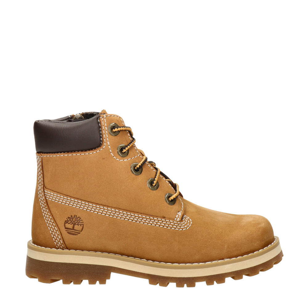 Camelkleurige jongens Timberland Courma Kid nubuck veterboots met rits- en vetersluiting en effen
