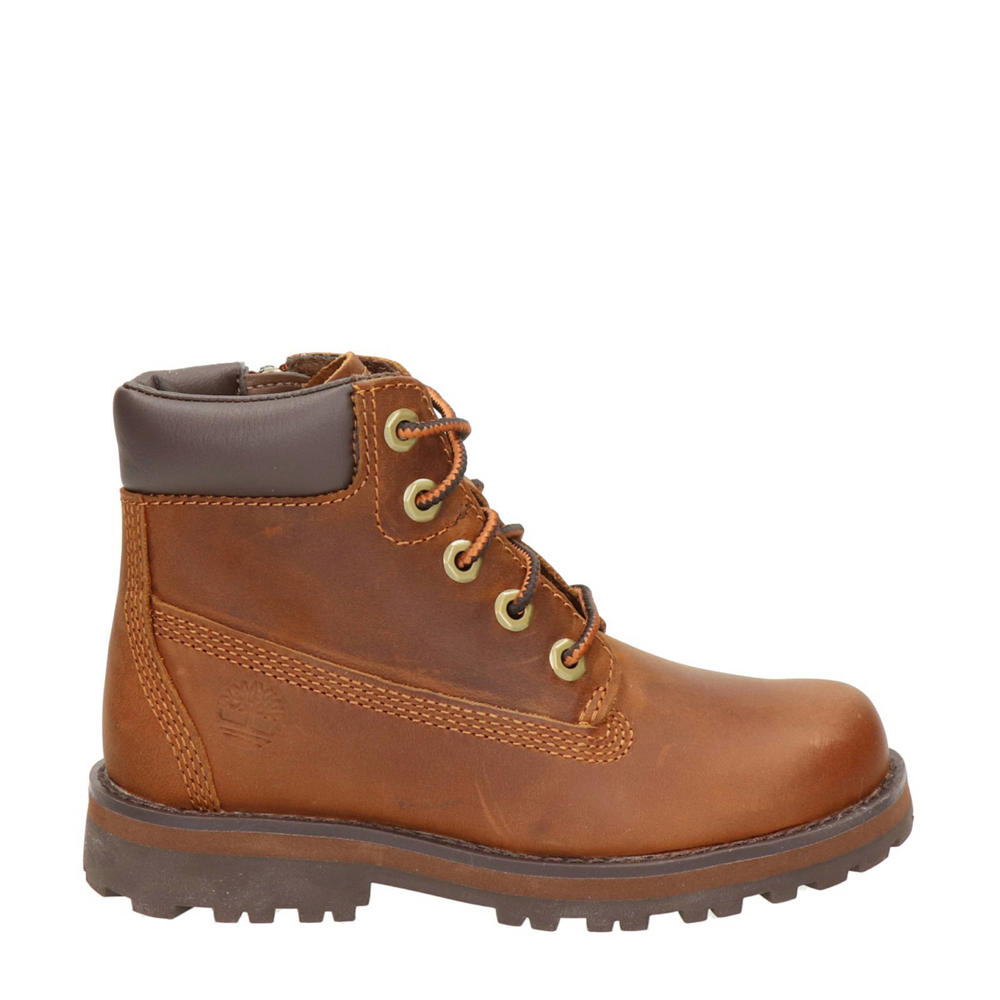 Cognackleurige jongens Timberland Courma Kid nubuck veterboots met rits- en vetersluiting en effen