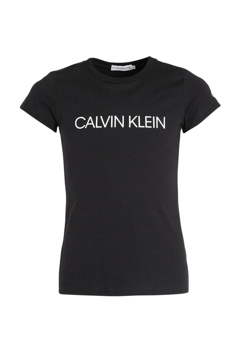 Zwarte meisjes CALVIN KLEIN JEANS slim fit T-shirt van katoen met logo dessin, korte mouwen en ronde hals