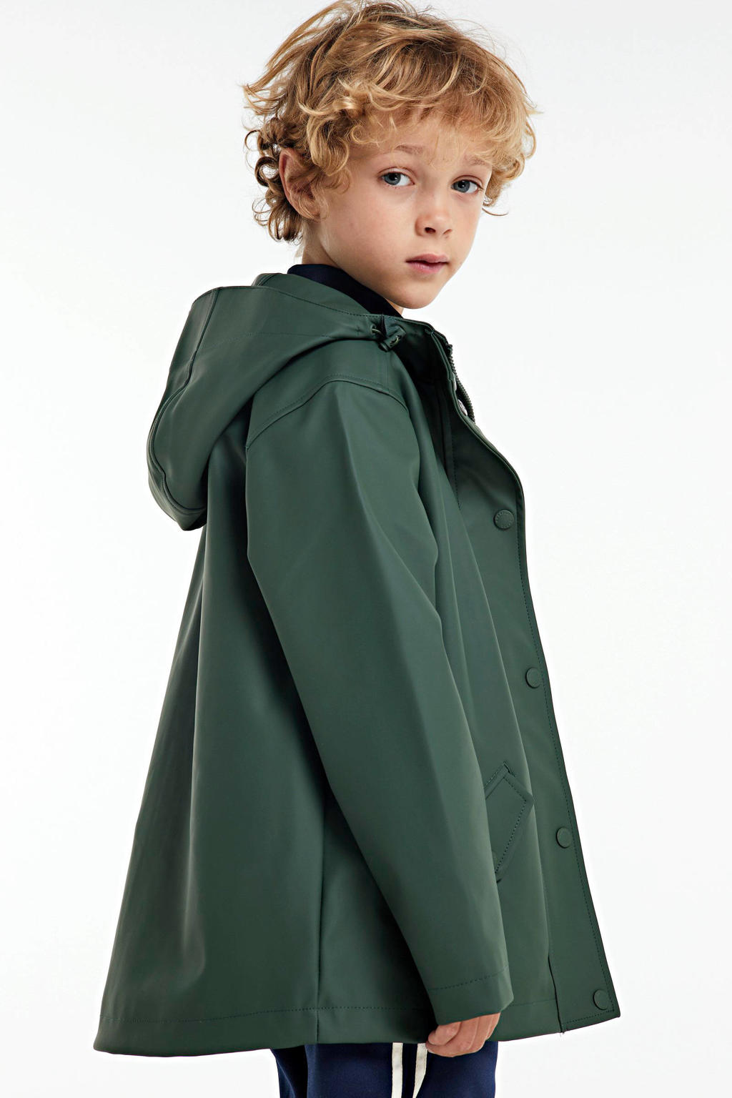 Donkergroene meisjes America Today unisex regenjas Jade JR van polyester met effen, lange mouwen, capuchon en rits- en drukknoopsluiting