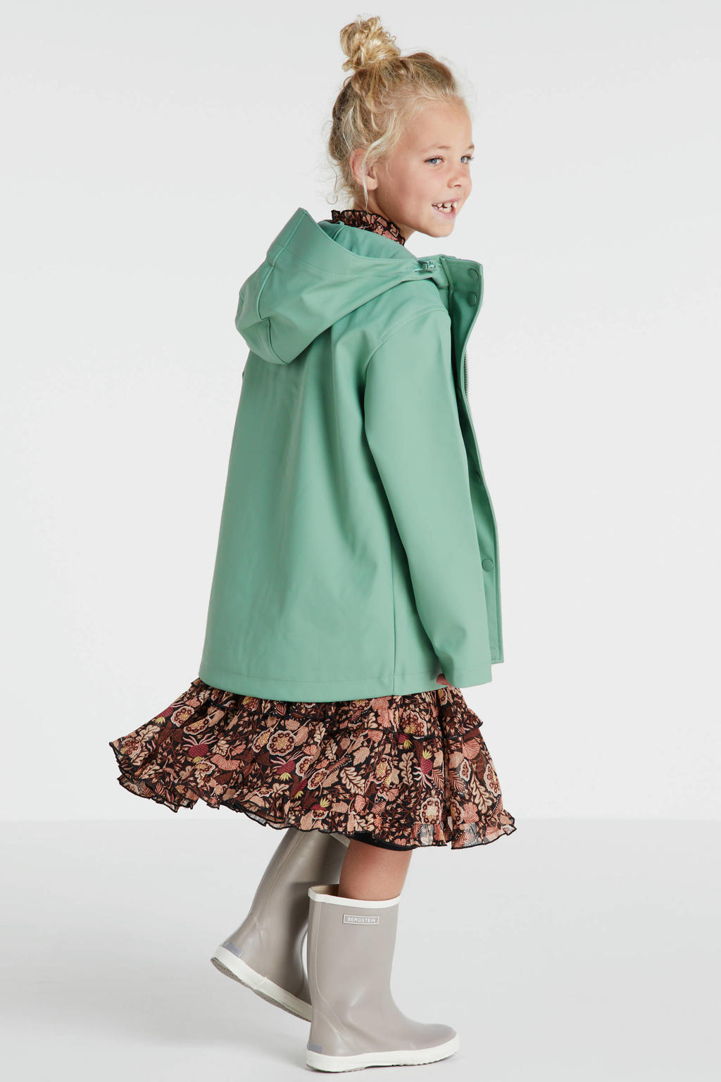 Groene meisjes America Today unisex regenjas Jade JR van polyester met effen, lange mouwen, capuchon en rits- en drukknoopsluiting