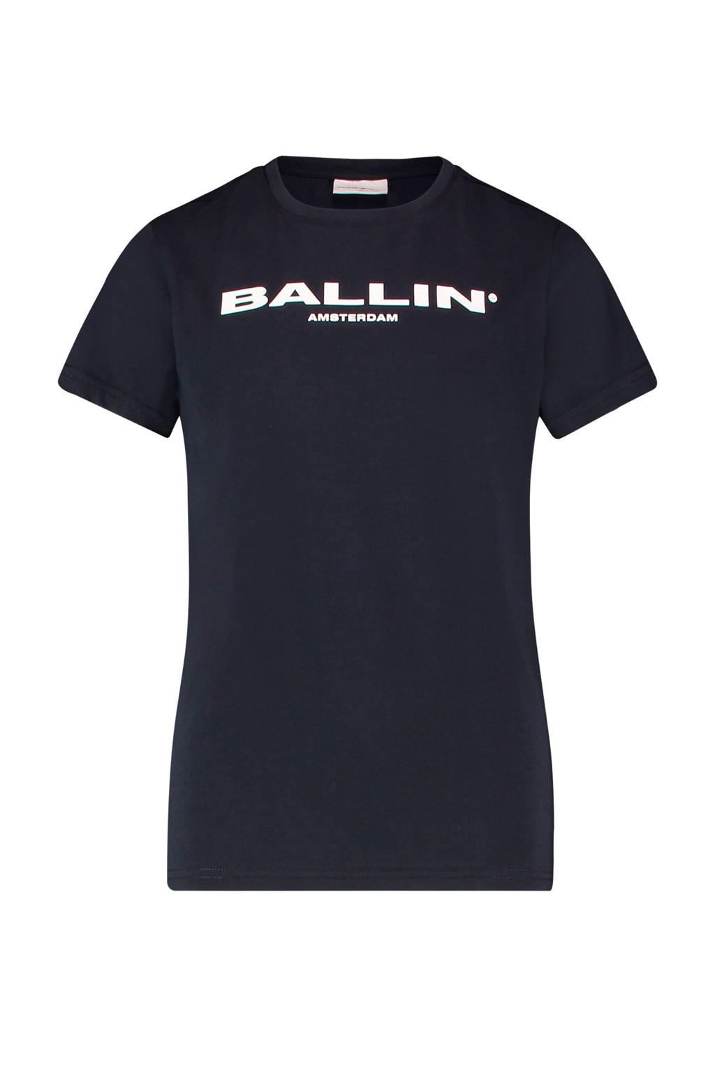 Donkerblauw en witte jongens en meisjes Ballin unisex T-shirt van katoen met logo dessin, korte mouwen en ronde hals