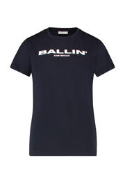 thumbnail: Donkerblauw en witte jongens en meisjes Ballin unisex T-shirt van katoen met logo dessin, korte mouwen en ronde hals