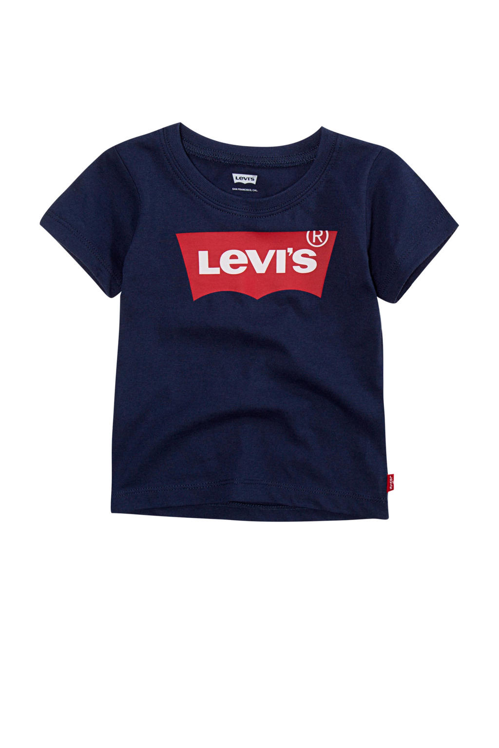 Donkerblauw en rode jongens Levi's Kids T-shirt batwing van duurzaam katoen met logo dessin, korte mouwen en ronde hals