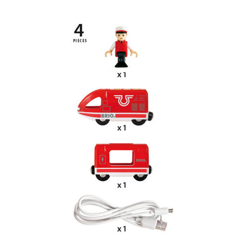 BRIO houten Oplaadbare rode passagierstrein met USB kabel 33746 Speelgoedtrein