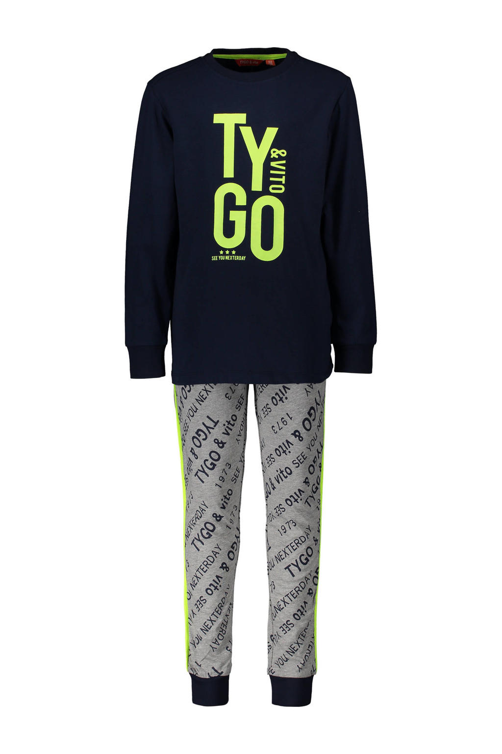 Donkerblauw en grijze jongens TYGO & vito pyjama van katoen met skinny fit en logo dessin
