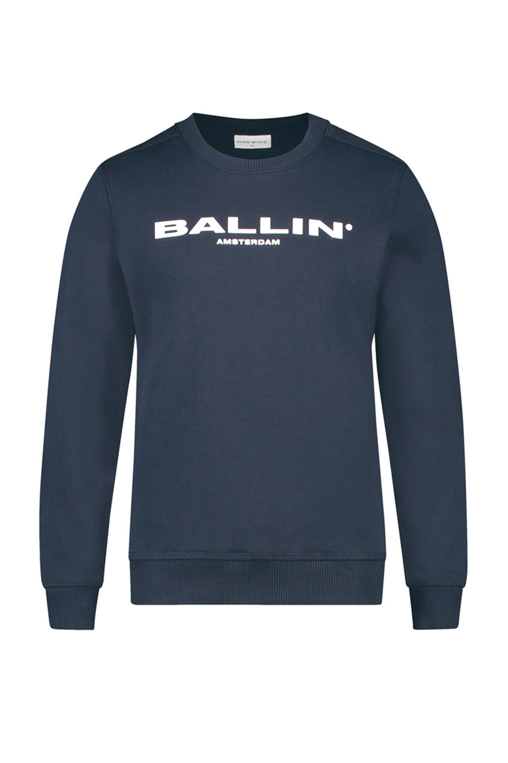 Donkerblauwe jongens en meisjes Ballin unisex sweater met logo dessin, lange mouwen en ronde hals