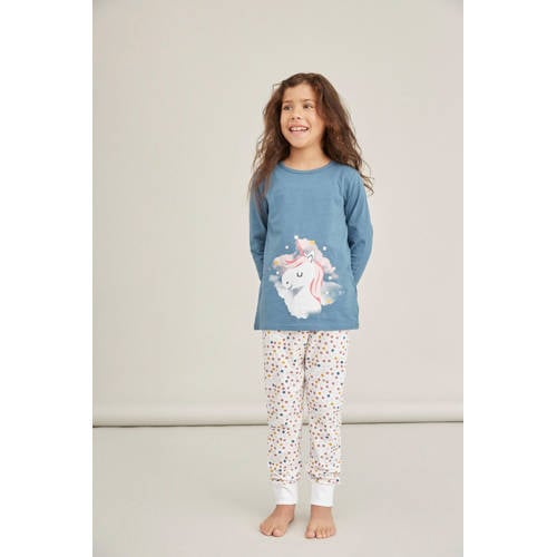 NAME IT KIDS pyjama NKMNIGHTSET blauwgroen/wit/roze Meisjes Katoen Ronde hals