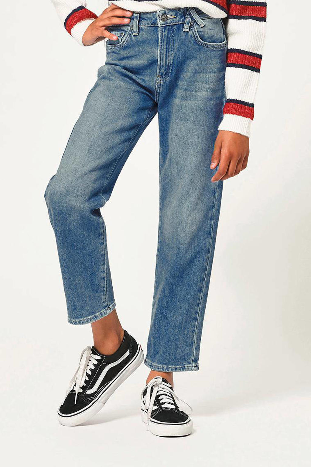 Blauwe meisjes America Today cropped loose fit jeans Kathy stonewashed van stretchdenim met high waist, ritssluiting en effen