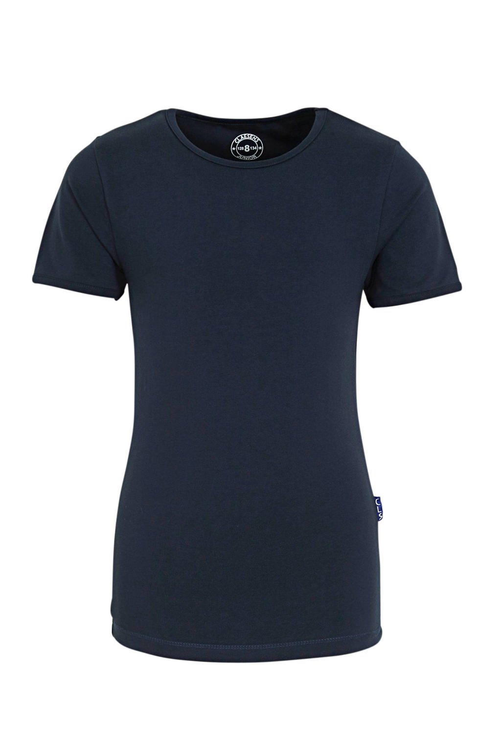 Donkerblauwe jongens Claesen's T-shirt van stretchkatoen met korte mouwen en ronde hals
