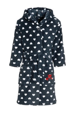 fleece badjas Hearts met hartjes donkerblauw/wit
