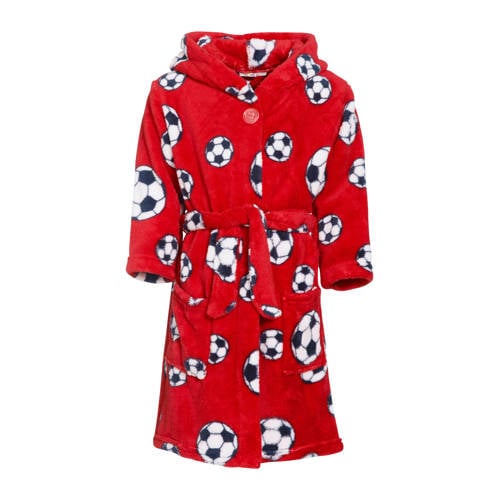 Playshoes fleece badjas Socces met voetbal dessin rood All over print