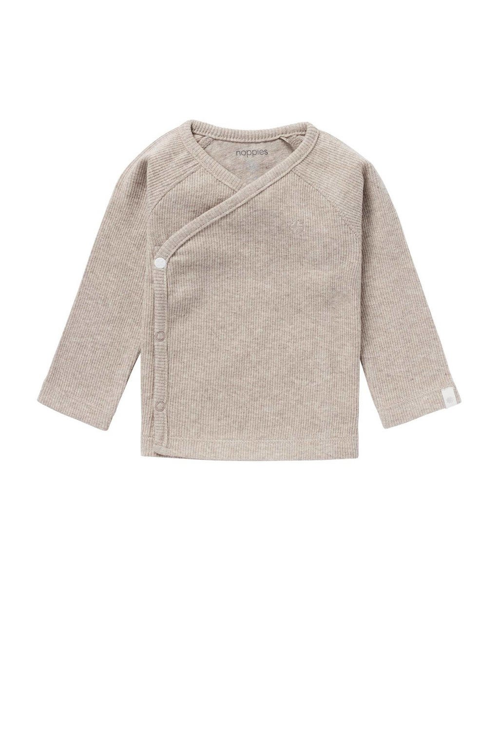 Taupe jongens en meisjes Noppies baby gemêleerde longsleeve Nanyuki van katoen met melée print, lange mouwen, V-hals, drukknoopsluiting en borduursels