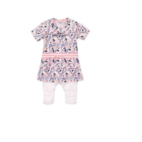 Dirkje baby jurk + legging met all over print en borduursels wit/lichtroze/paars Meisjes Stretchkatoen Ronde hals - 56