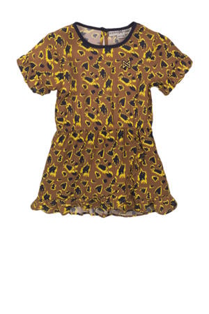 jurk met all over print en ruches camel/zwart/geel