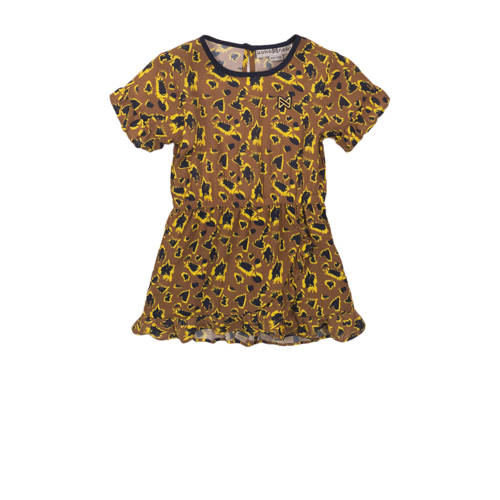 Koko Noko jurk met all over print en ruches camel/zwart/geel Bruin Meisjes Viscose Ronde hals - 104