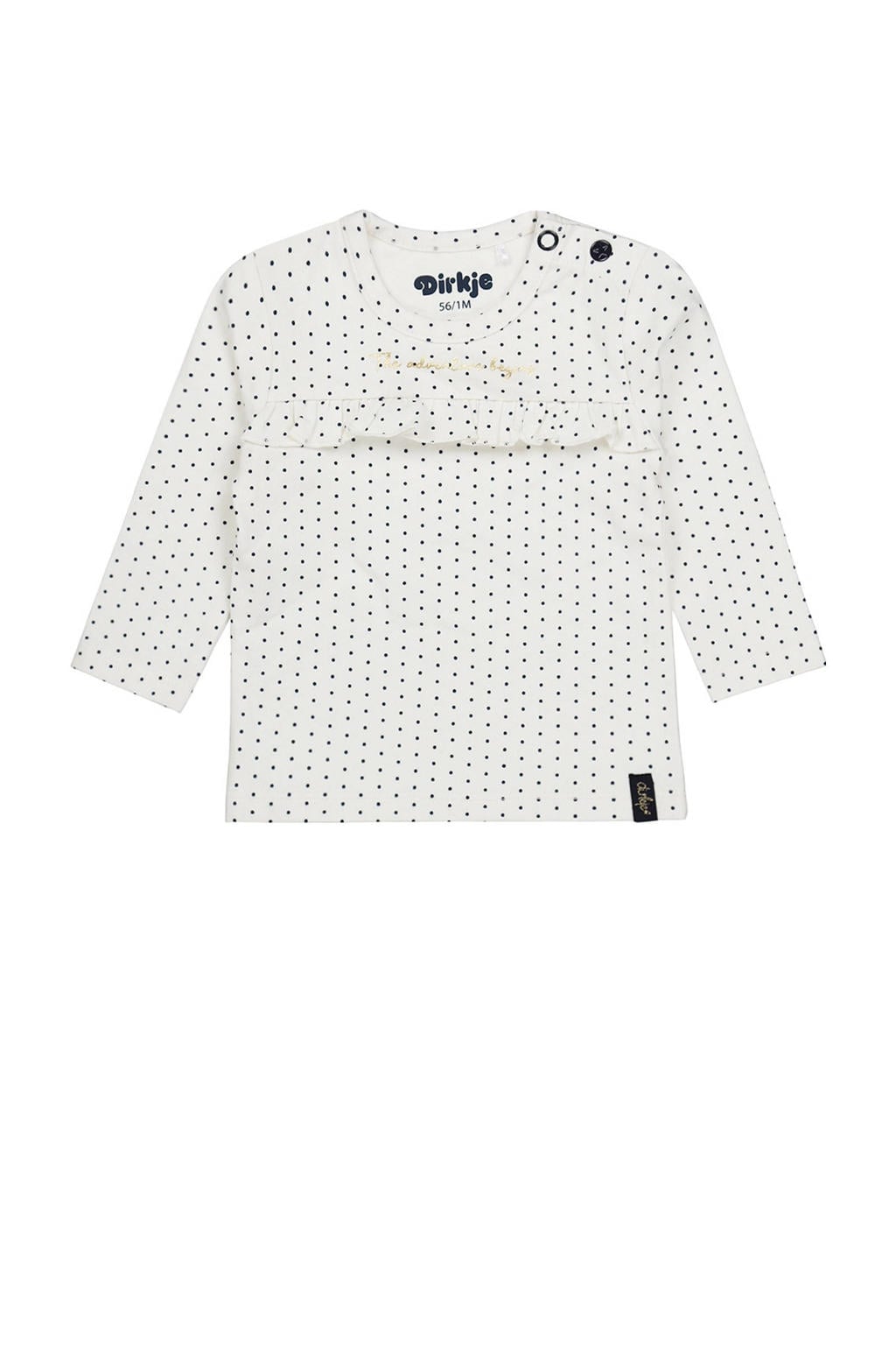 Witte meisjes Dirkje baby longsleeve van katoen met stippenprint, lange mouwen, ronde hals, drukknoopsluiting en ruches