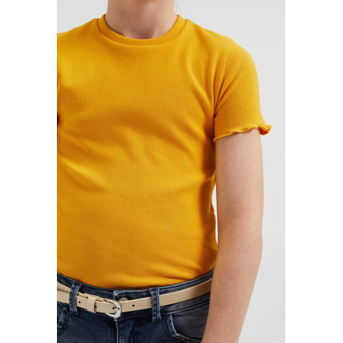 WE Fashion ribgebreid T-shirt met borduursels oker geel Meisjes Katoen Ronde hals