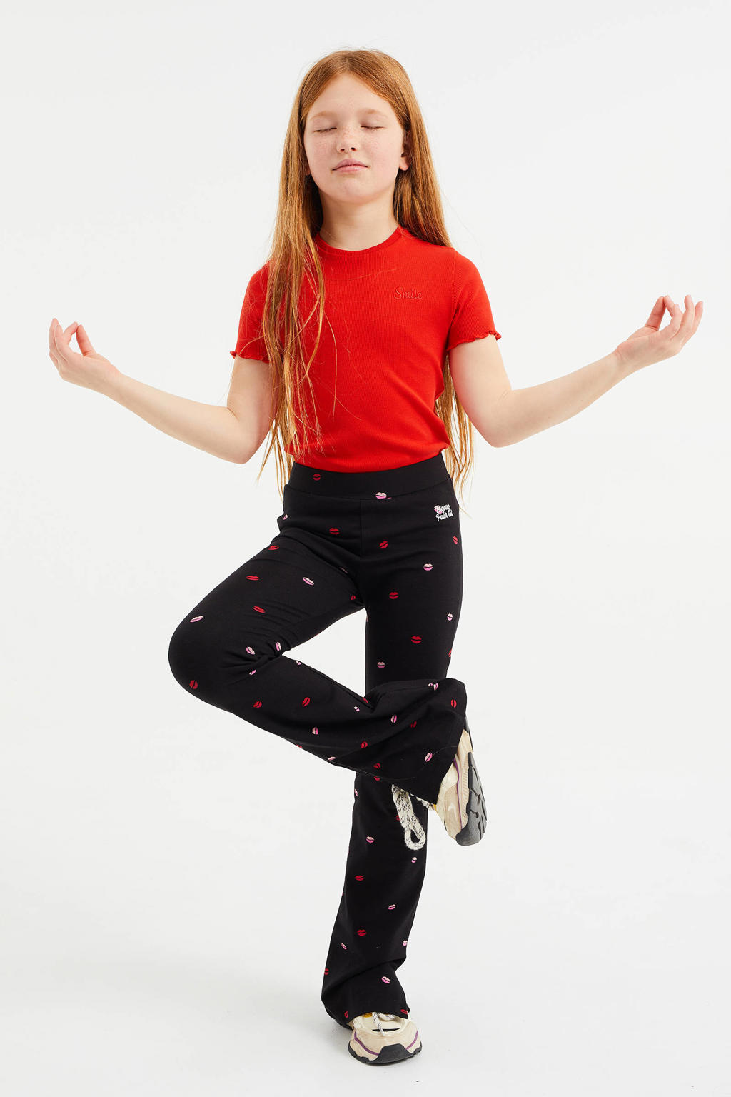 Rode meisjes WE Fashion ribgebreid T-shirt van katoen met effen, korte mouwen en ronde hals