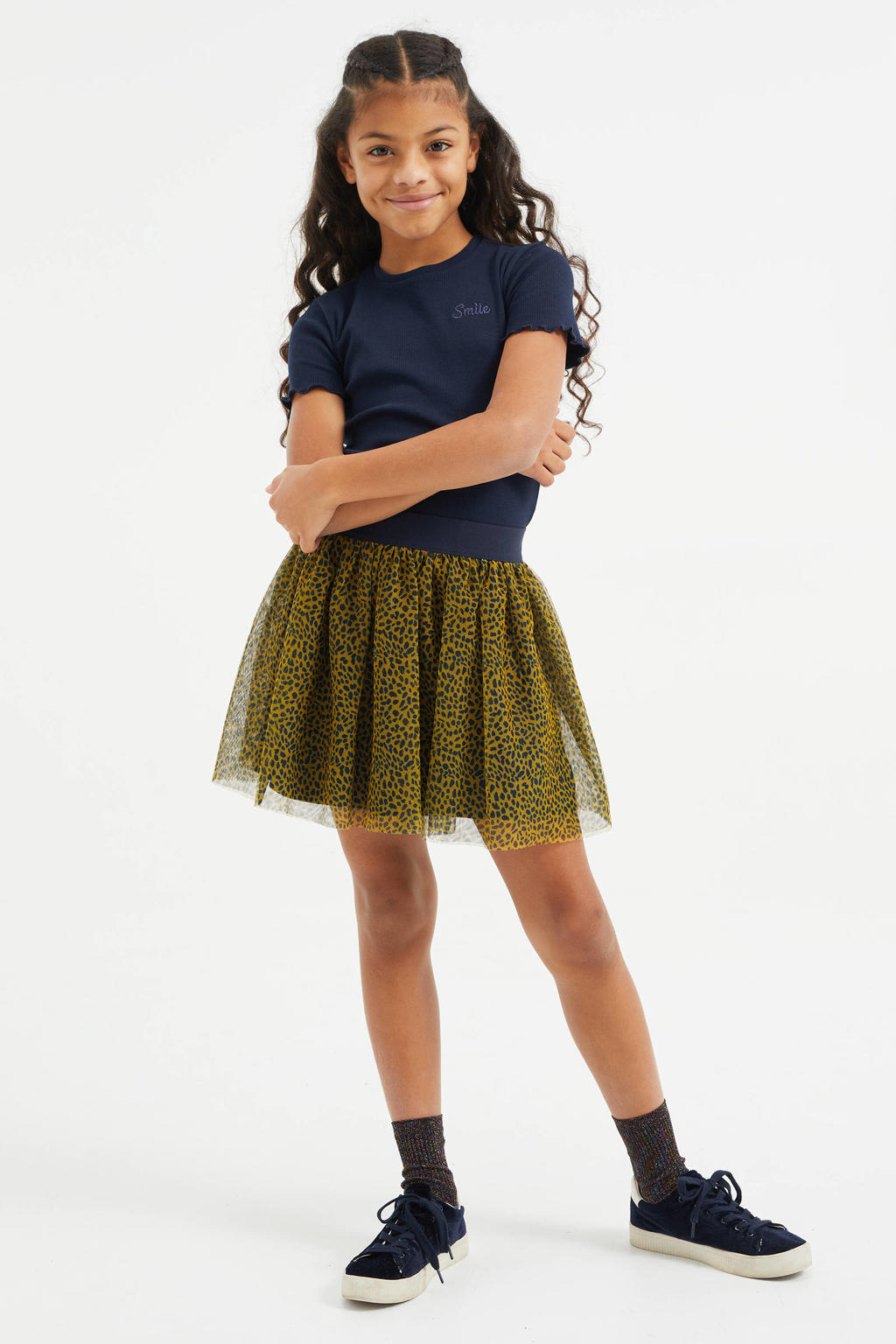 Donkerblauwe meisjes WE Fashion ribgebreid T-shirt van katoen met korte mouwen, ronde hals en borduursels