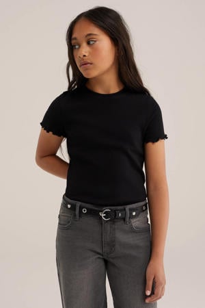 ribgebreid T-shirt met borduursels zwart