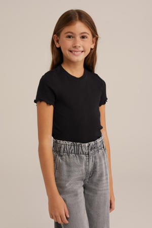 ribgebreid T-shirt met borduursels zwart
