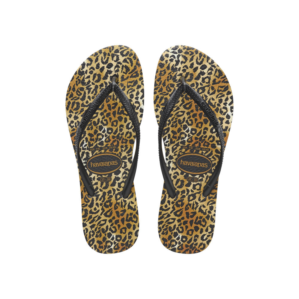 Zwart en lichtbruine dames Havaianas Slim Leopard teenslippers van rubber met panterprint