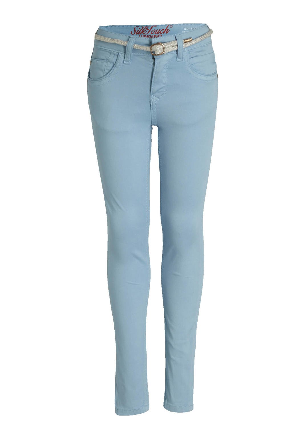 Lichtblauwe meisjes Vingino high waist super skinny jeans Belize Color van stretchkatoen met rits- en knoopsluiting