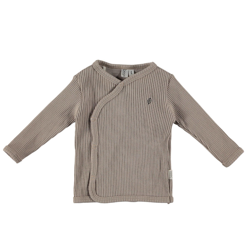 Taupe jongens en meisjes BESS baby longsleeve van stretchkatoen met effen, lange mouwen, ronde hals, drukknoopsluiting en overslag detail