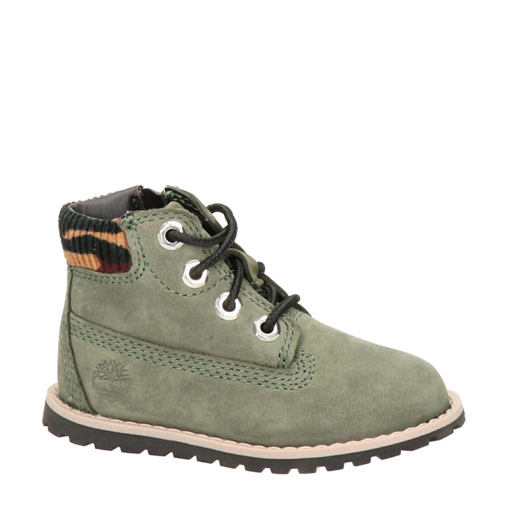 Groene jongens en meisjes Timberland Pokey Pine nubuck veterboots met profielzool en rits- en vetersluiting