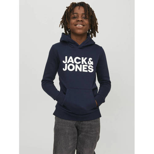 JACK & JONES JUNIOR hoodie JJECORP met logo donkerblauw/wit Sweater Jongens Katoen Capuchon