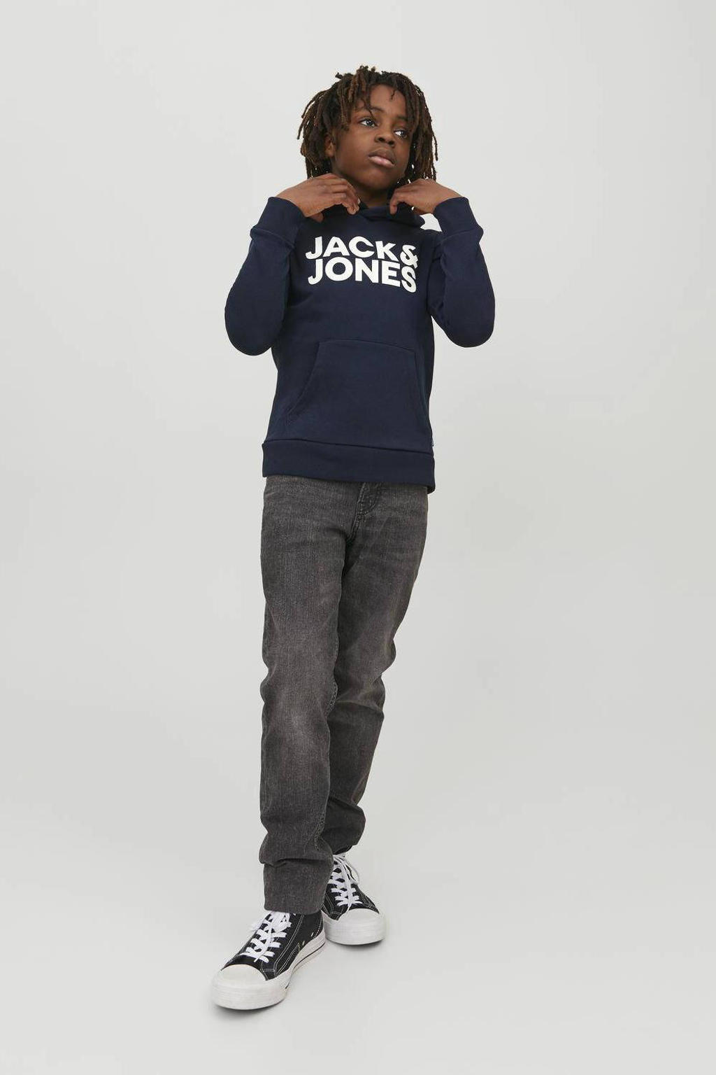 Donkerblauw en witte jongens JACK & JONES JUNIOR hoodie van sweat materiaal met logo dessin, lange mouwen, capuchon en geribde boorden