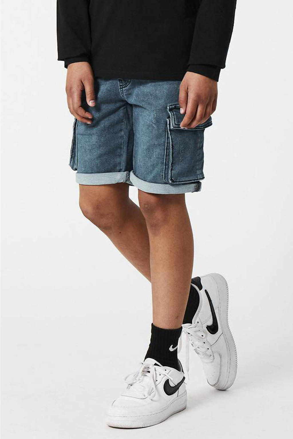 Blauwe jongens CoolCat Junior regular fit jeans bermuda Norris van jersey met elastische tailleband met koord
