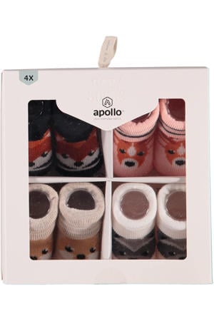 new born sokken - set van 4 in een geschenkset roze/beige/zwart