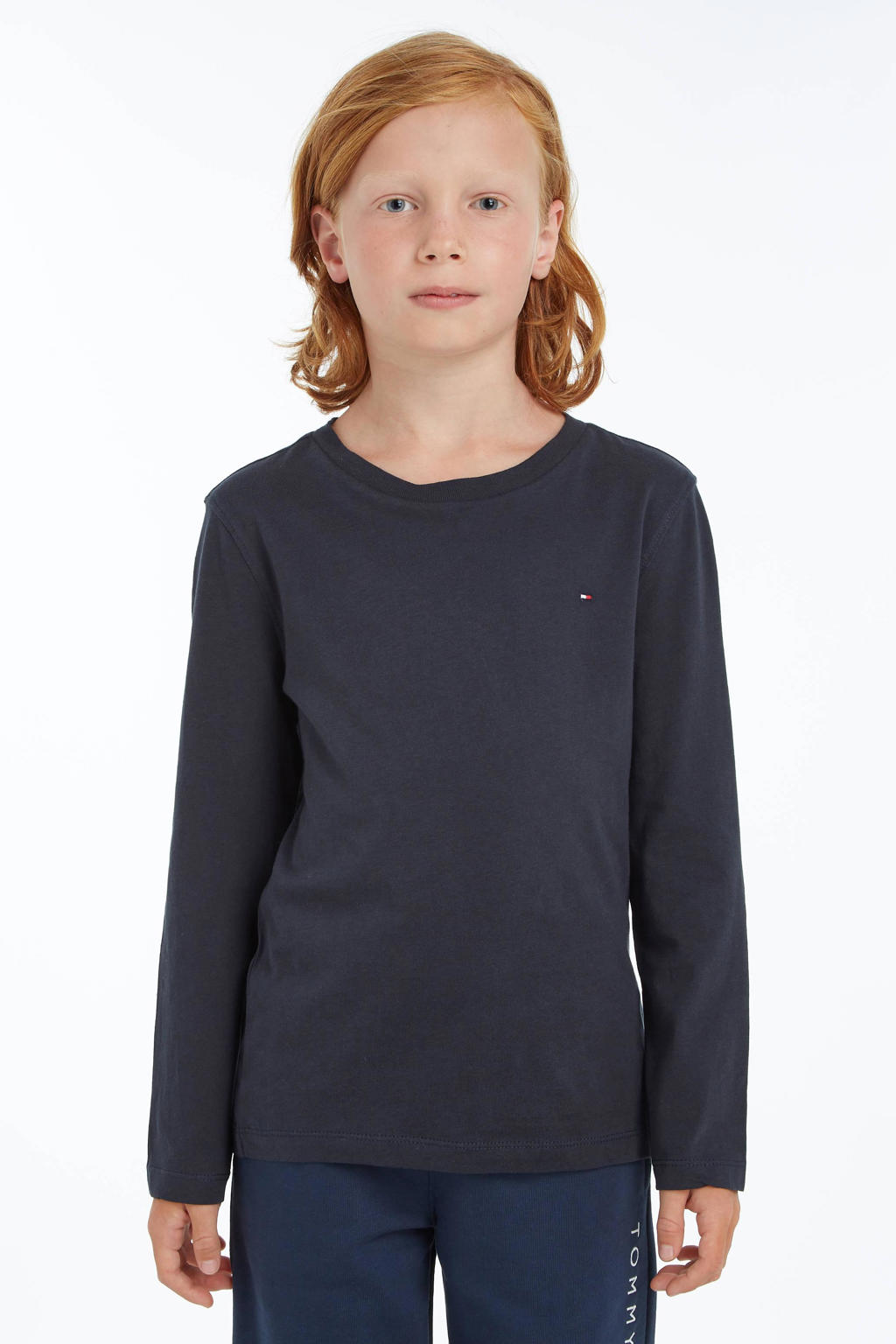 Donkerblauwe jongens Tommy Hilfiger longsleeve van katoen met effen, lange mouwen en ronde hals