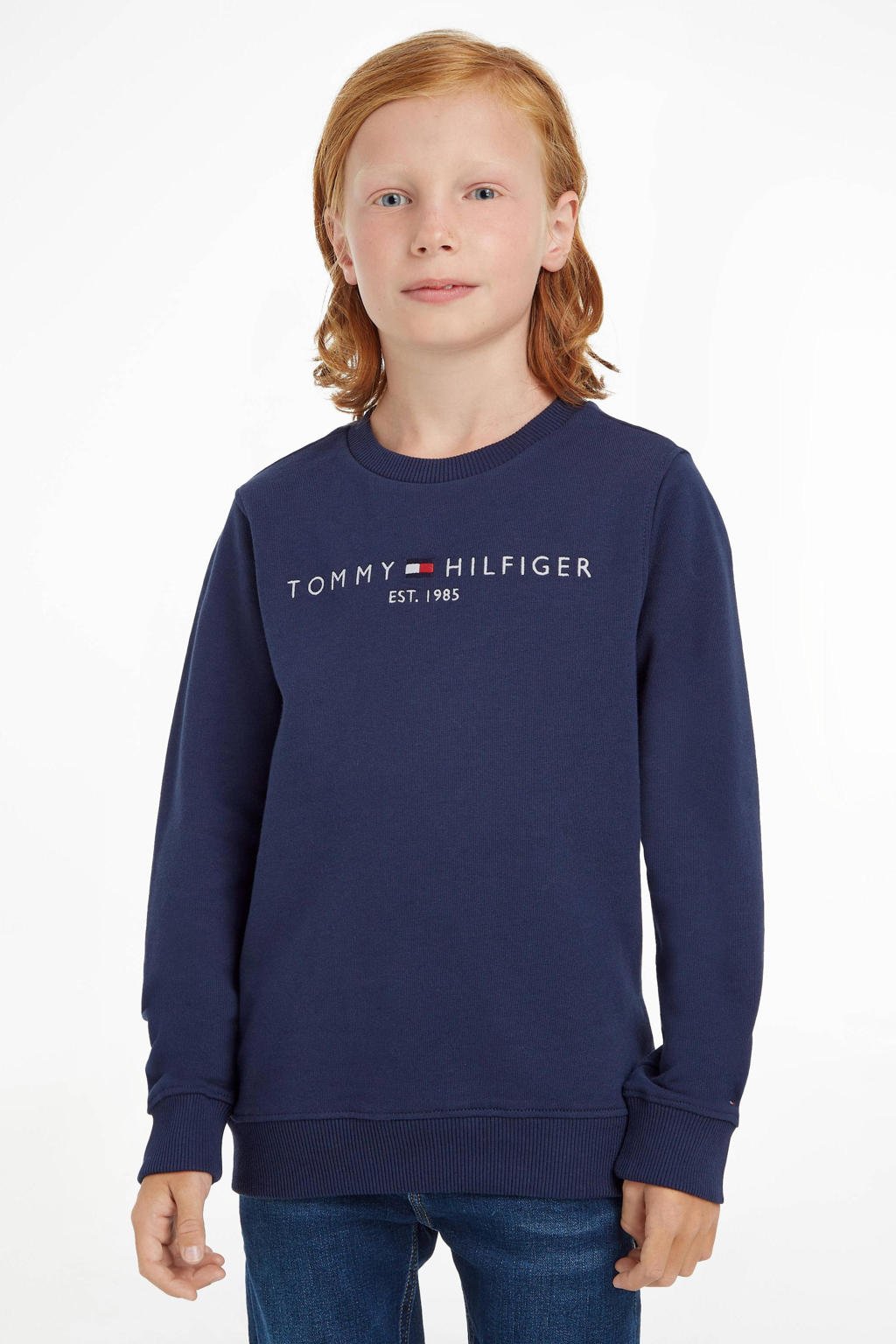 Donkerblauwe jongens en meisjes Tommy Hilfiger unisex sweater met logo dessin, lange mouwen en ronde hals