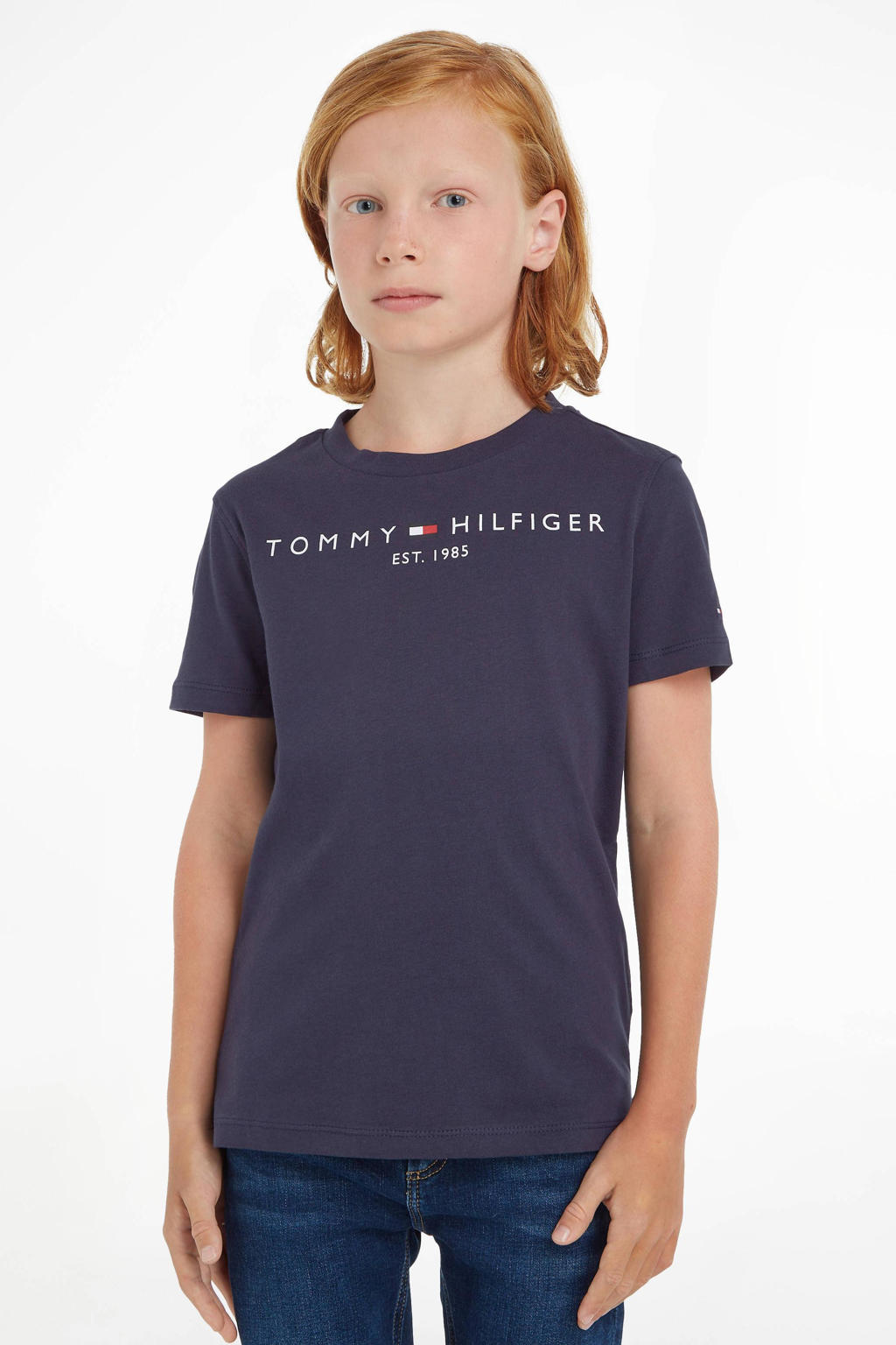Donkerblauwe jongens Tommy Hilfiger unisex T-shirt van katoen met logo dessin, korte mouwen en ronde hals