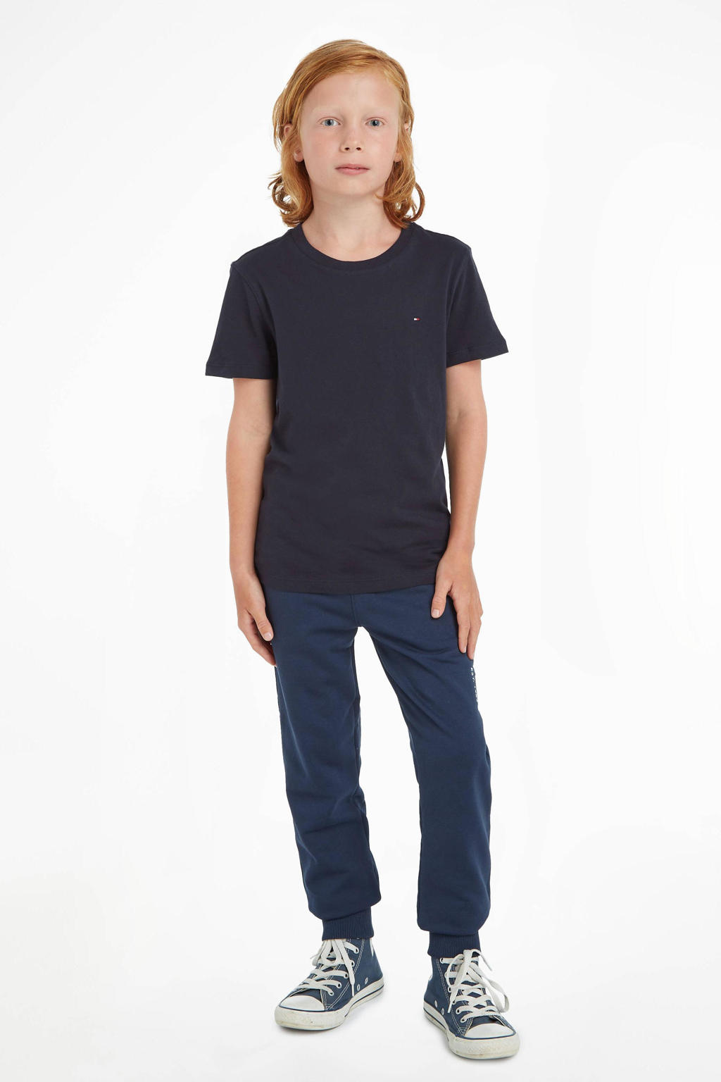 Donkerblauwe jongens Tommy Hilfiger T-shirt van katoen met logo dessin, korte mouwen en ronde hals