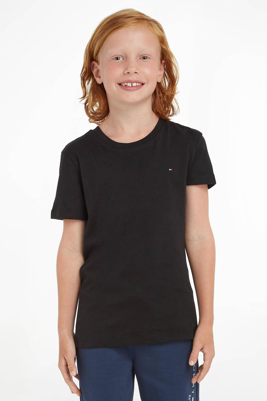 Zwarte jongens Tommy Hilfiger T-shirt van katoen met logo dessin, korte mouwen en ronde hals