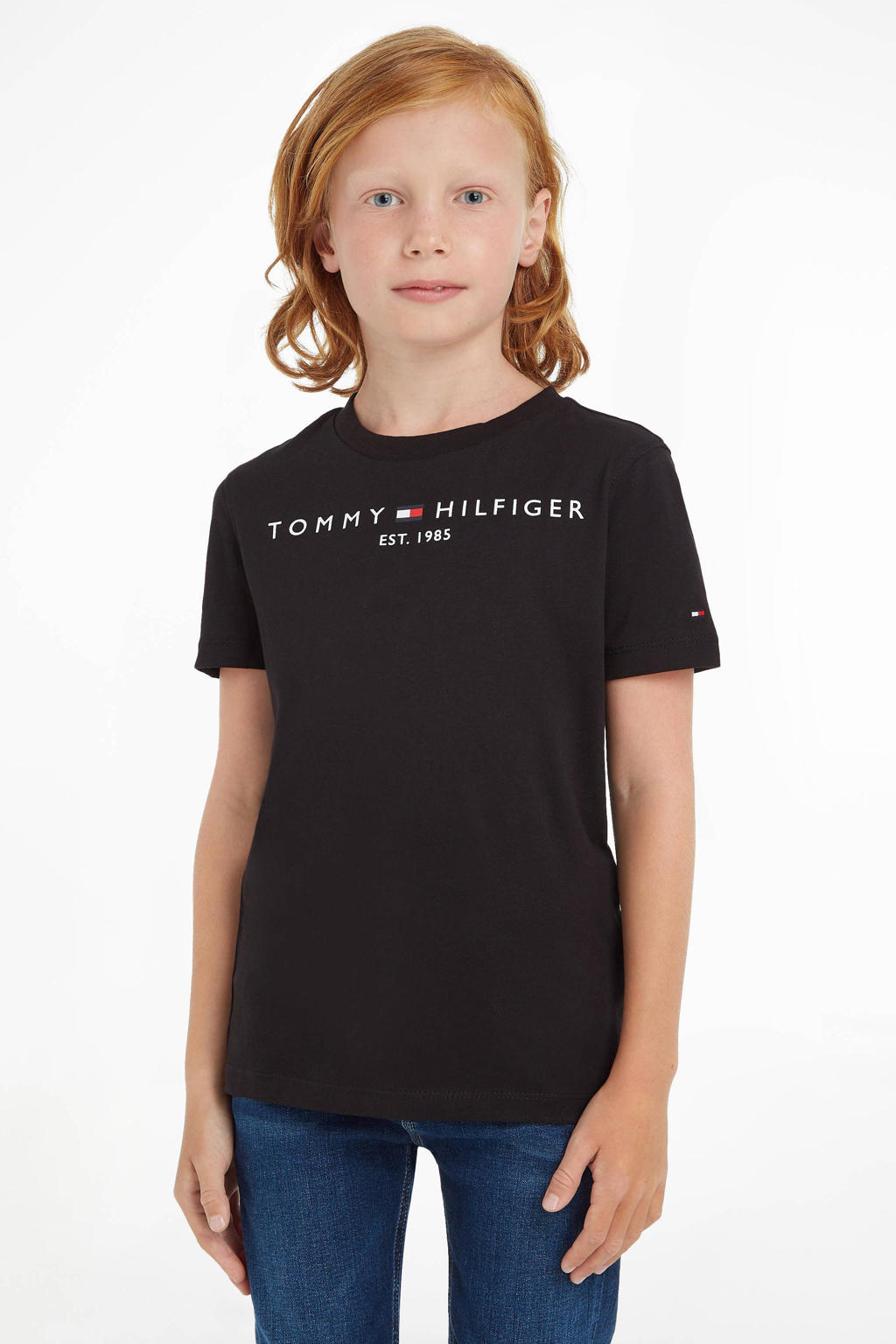 Zwarte jongens Tommy Hilfiger unisex T-shirt van katoen met logo dessin, korte mouwen en ronde hals