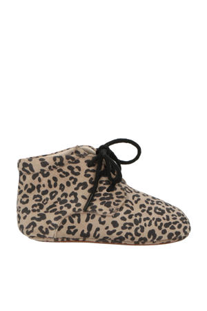 leren babyschoenen met panterprint beige
