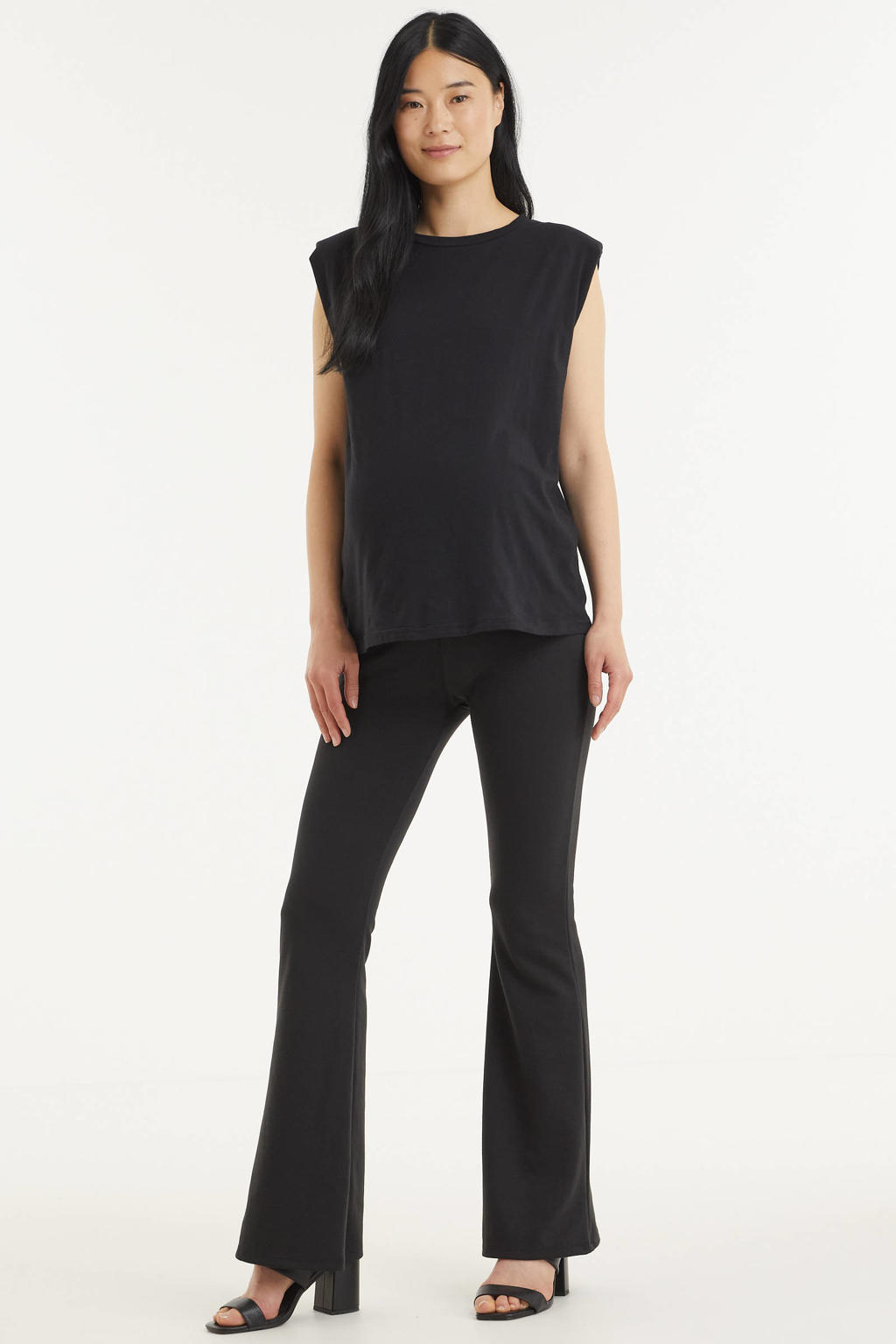 Zwarte dames ONLY MATERNITY low waist flared zwangerschapsbroek Fever van polyester met elastische tailleband en effen