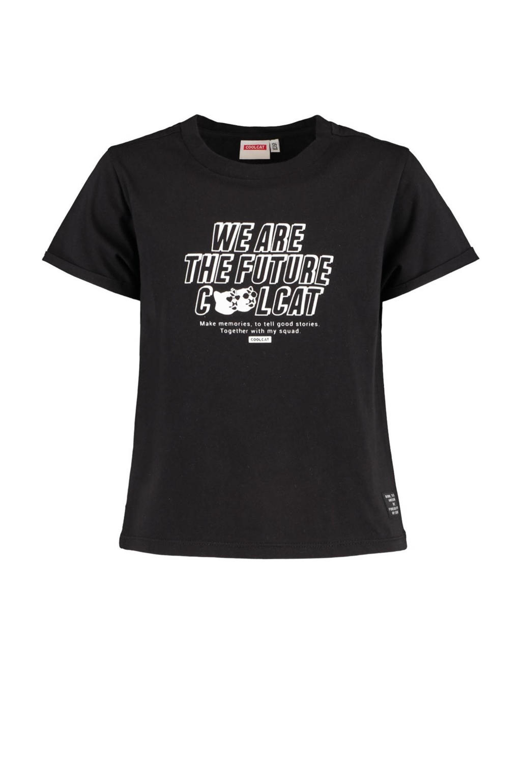 Zwarte meisjes CoolCat Junior T-shirt Ellen van katoen met printopdruk, korte mouwen en ronde hals