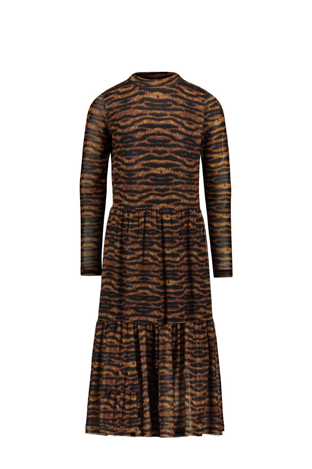Bruine meisjes Like Flo maxi jurk met volant van polyester met dierenprint, lange mouwen en opstaande kraag