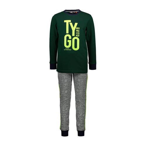 TYGO & vito pyjama met logo donkergroen/grijs melange Jongens Katoen Ronde hals - 92