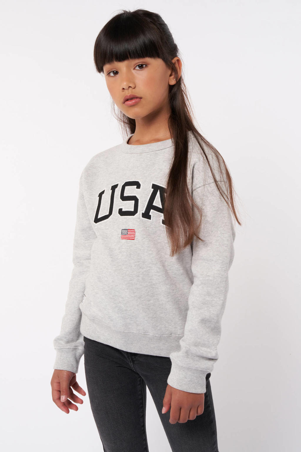Grijze meisjes America Today sweater Soel mid melange met tekst print, lange mouwen, ronde hals en geribde boorden